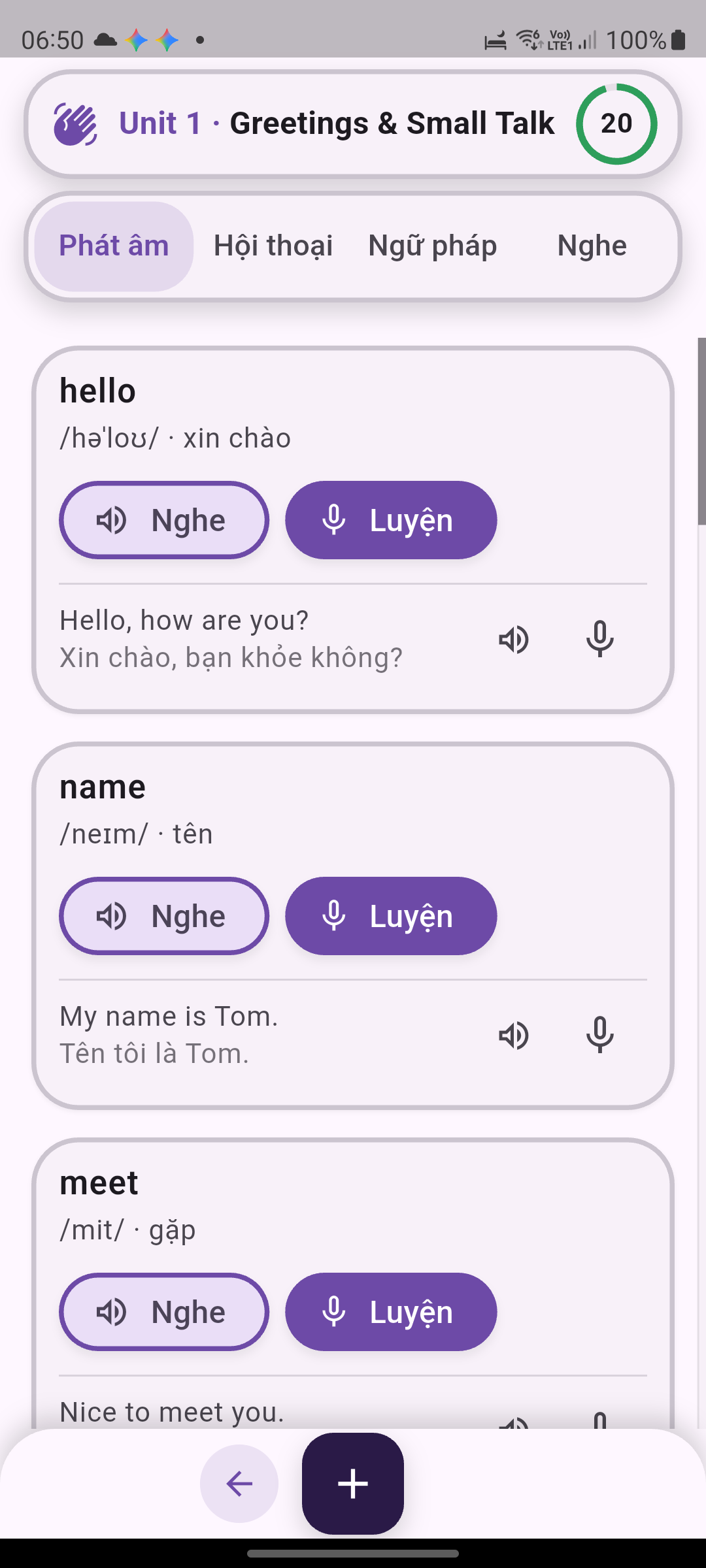 Màn hình một bài học của Xeko English