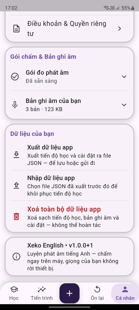 Gói đo phát âm và Bản ghi âm trong tab Cá nhân
