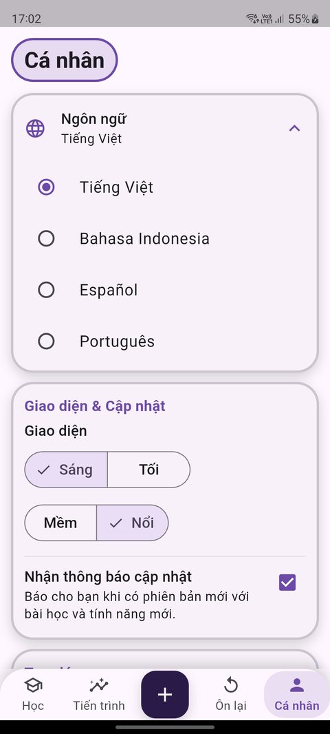 Chọn ngôn ngữ giao diện — 4 lựa chọn